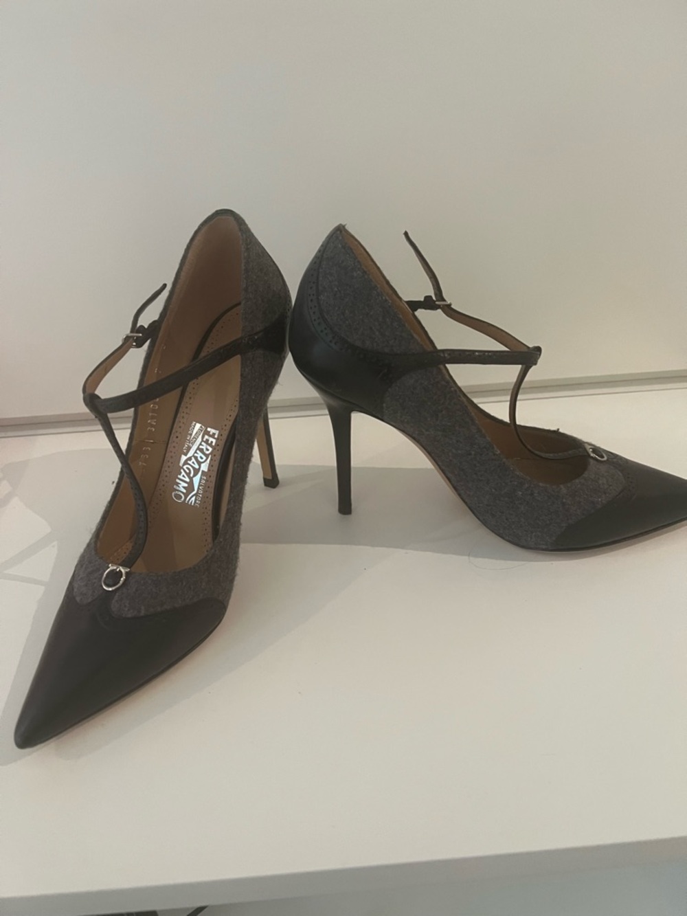 Salvatore Ferragamo Gray and Black Pointed Toe Ankle-Strap Pumps - Picture 3 of 6